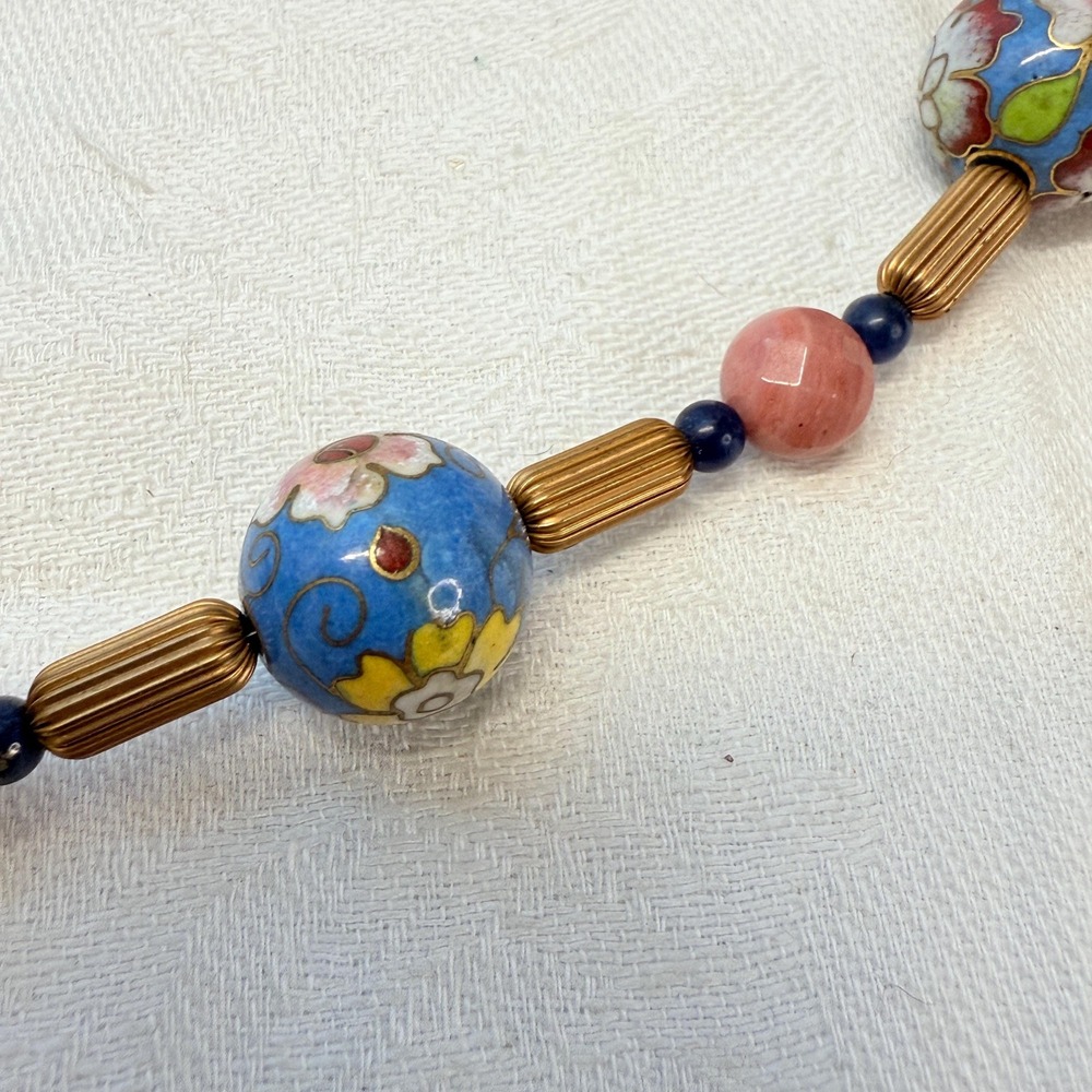 Artisan Vintage Cloisonne Lapis Rhodonite Gemstone Brass Bead Necklace 20" OOAK - Picture 3 of 6